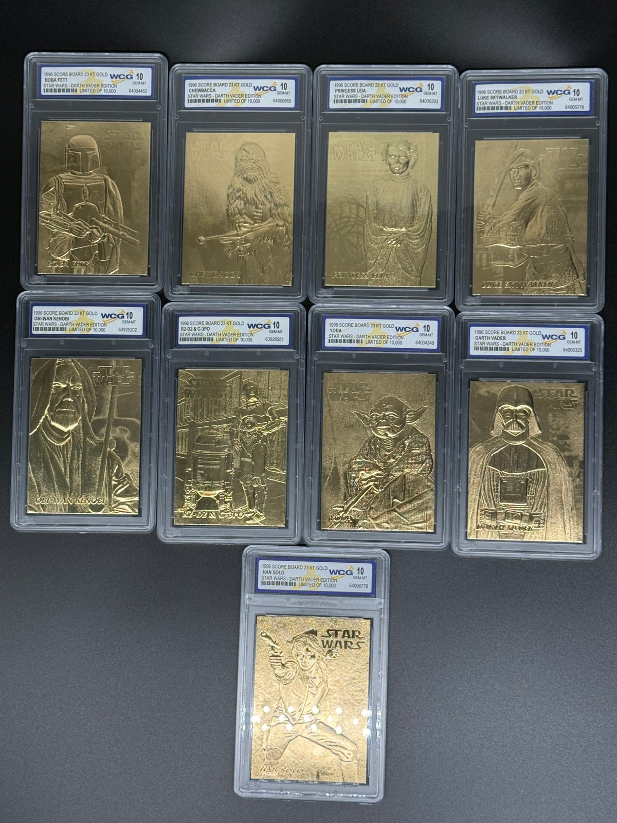 1996 scoreboard Star Wars, Darth Vader edition 23KT gold complete nine card set WCG gem mint 10